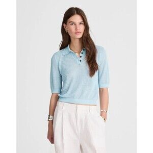 MADEWELL Short Sleeve Polo Sweater Tee M Pale Blue Button Linen Blend NWT B93